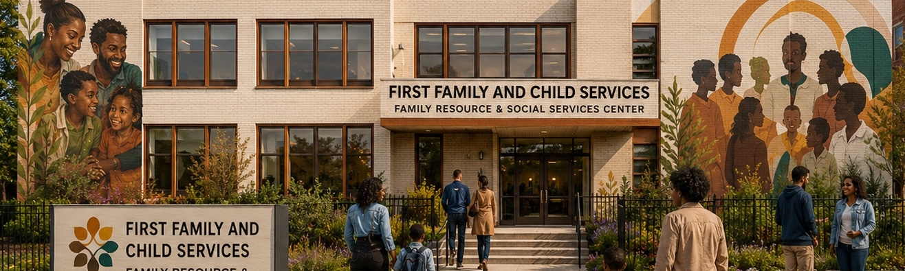 Concept rendering of the renovated building with new signage reading First Family and Child Services, community murals of families, landscaped gardens, and an accessible entrance.