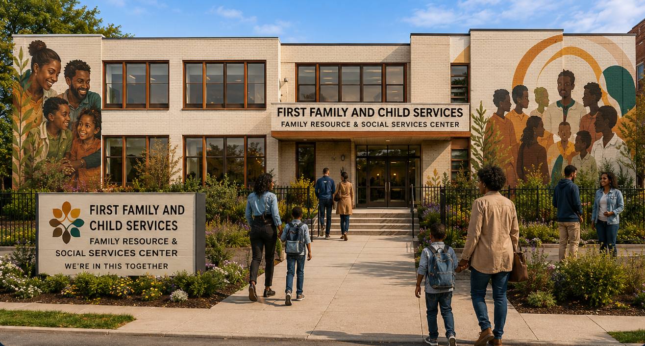 Architectural rendering of the renovated First Family and Child Services building: a two-story cream brick center with community murals, entry signage, landscaped gardens, and families walking toward the front doors.