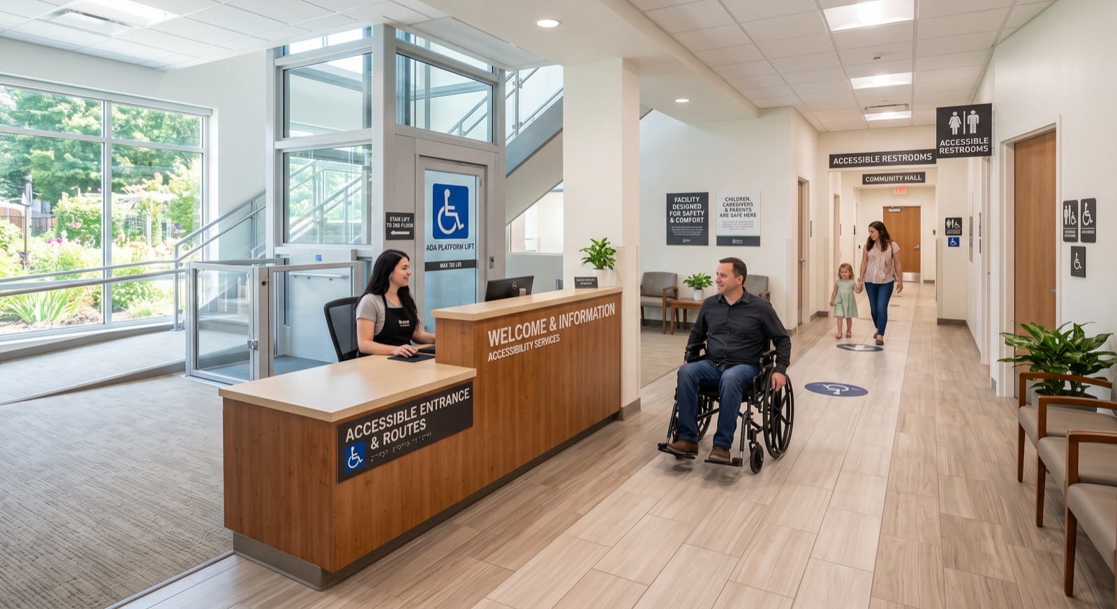 Concept image of an accessible lobby with a person using a wheelchair at a step-free welcome desk.