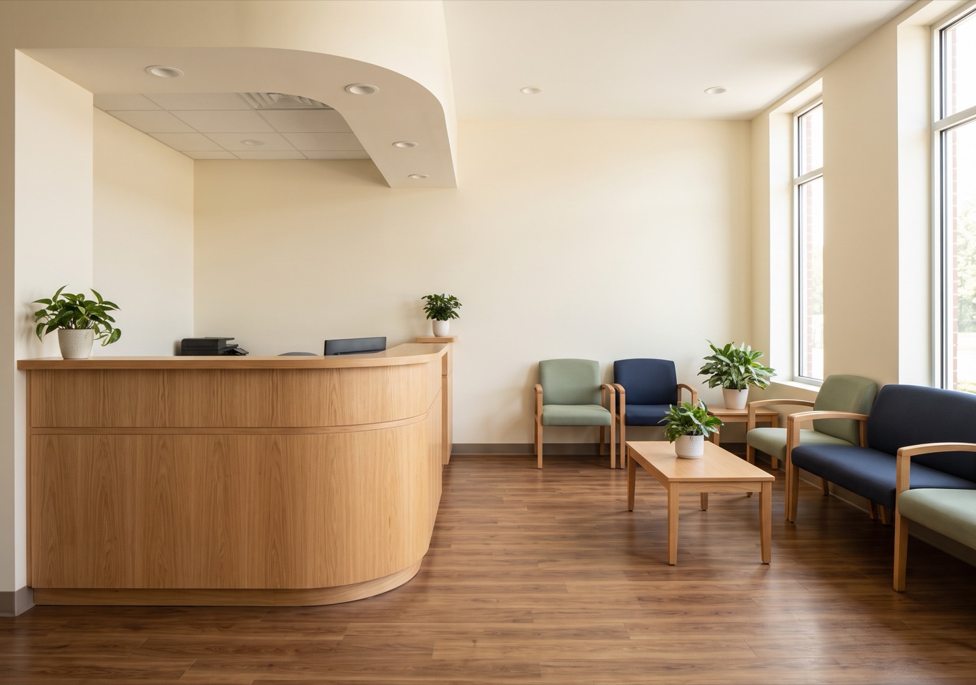 Concept image of a private counseling room with two soft armchairs beside a curtained window.