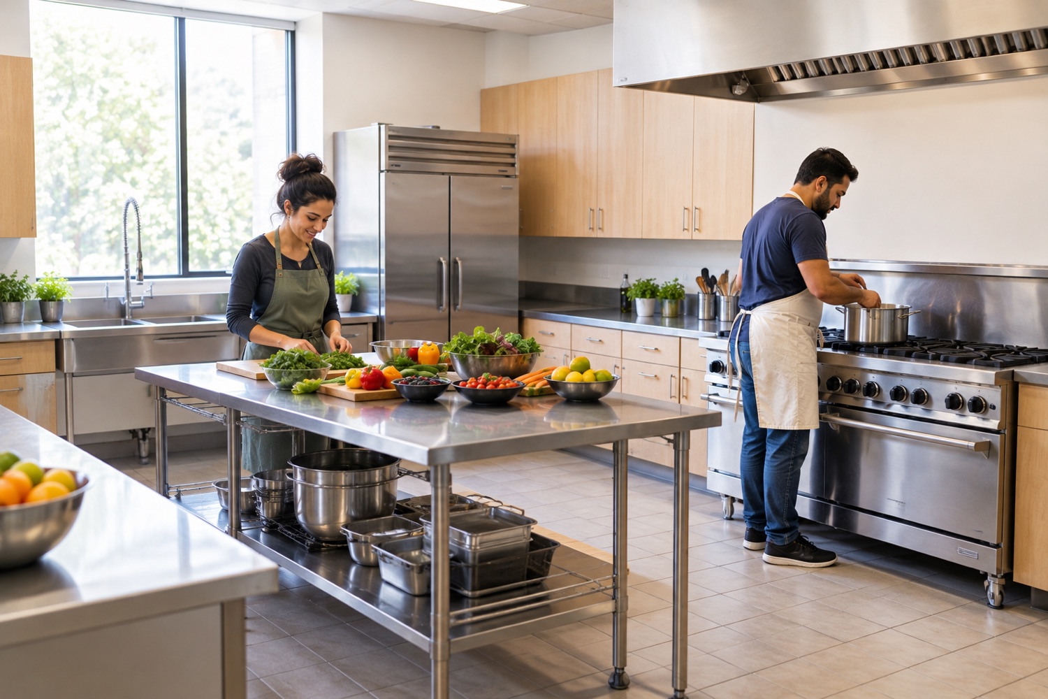 Concept image of a commercial kitchen where two staff members prepare fresh vegetables at a stainless steel table.