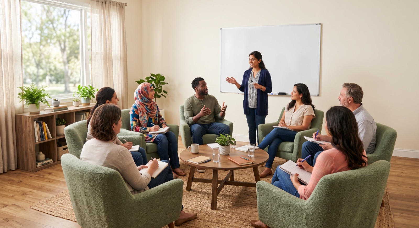 Concept image of a parent support group seated in a circle of armchairs in a bright room with a blank whiteboard.