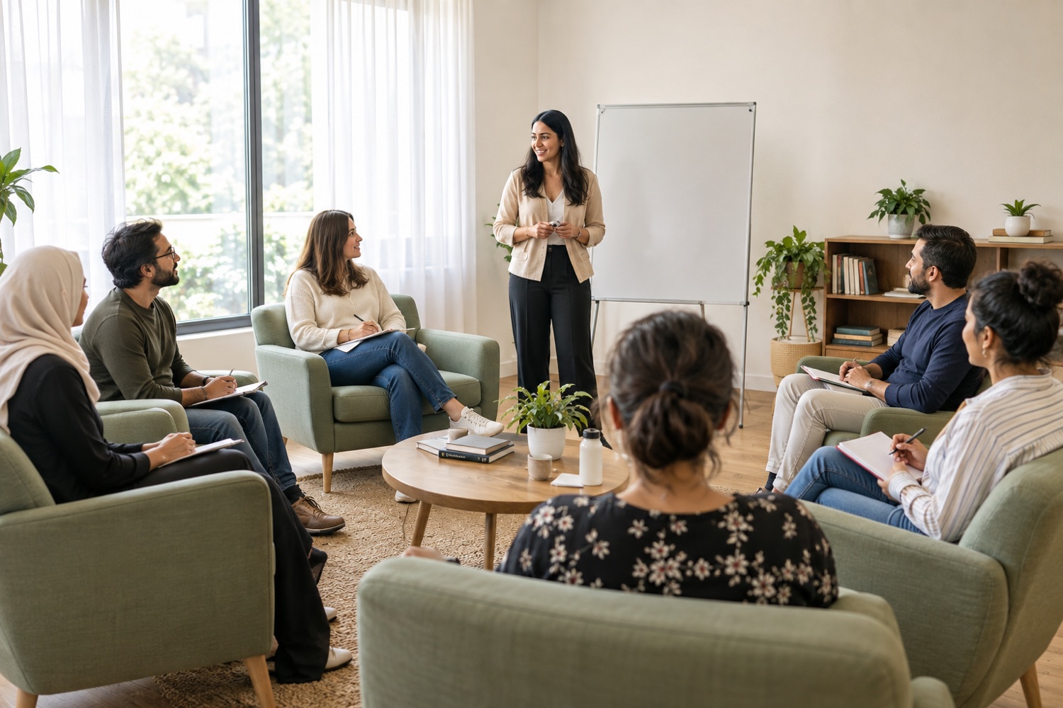 Concept image of a parent workshop: a facilitator beside a blank whiteboard speaking with a circle of seated adults.