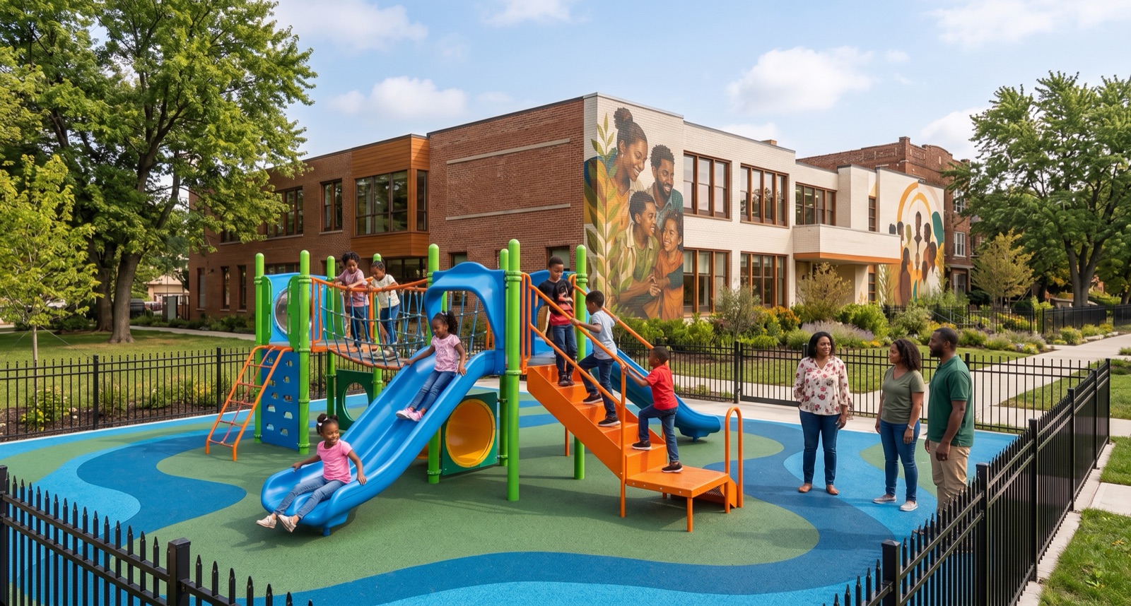 Concept image of a fenced playground with colorful play structures and soft safety surfacing where children play while adults watch nearby.