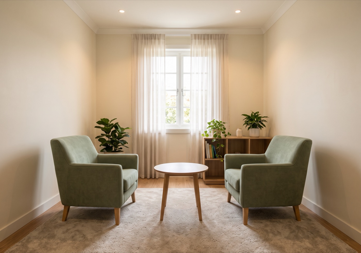 Concept image of an accessible reception area with a low wooden welcome desk and comfortable waiting chairs by tall windows.