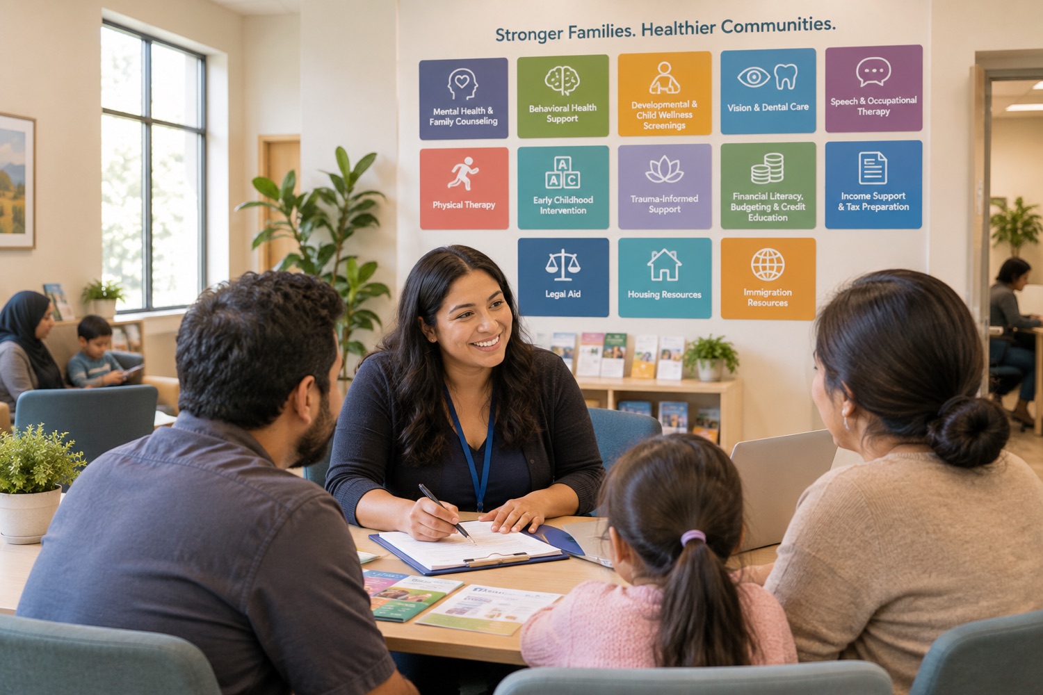 Concept image of a case manager meeting with a family at a table, with a wall display of available support services behind them.