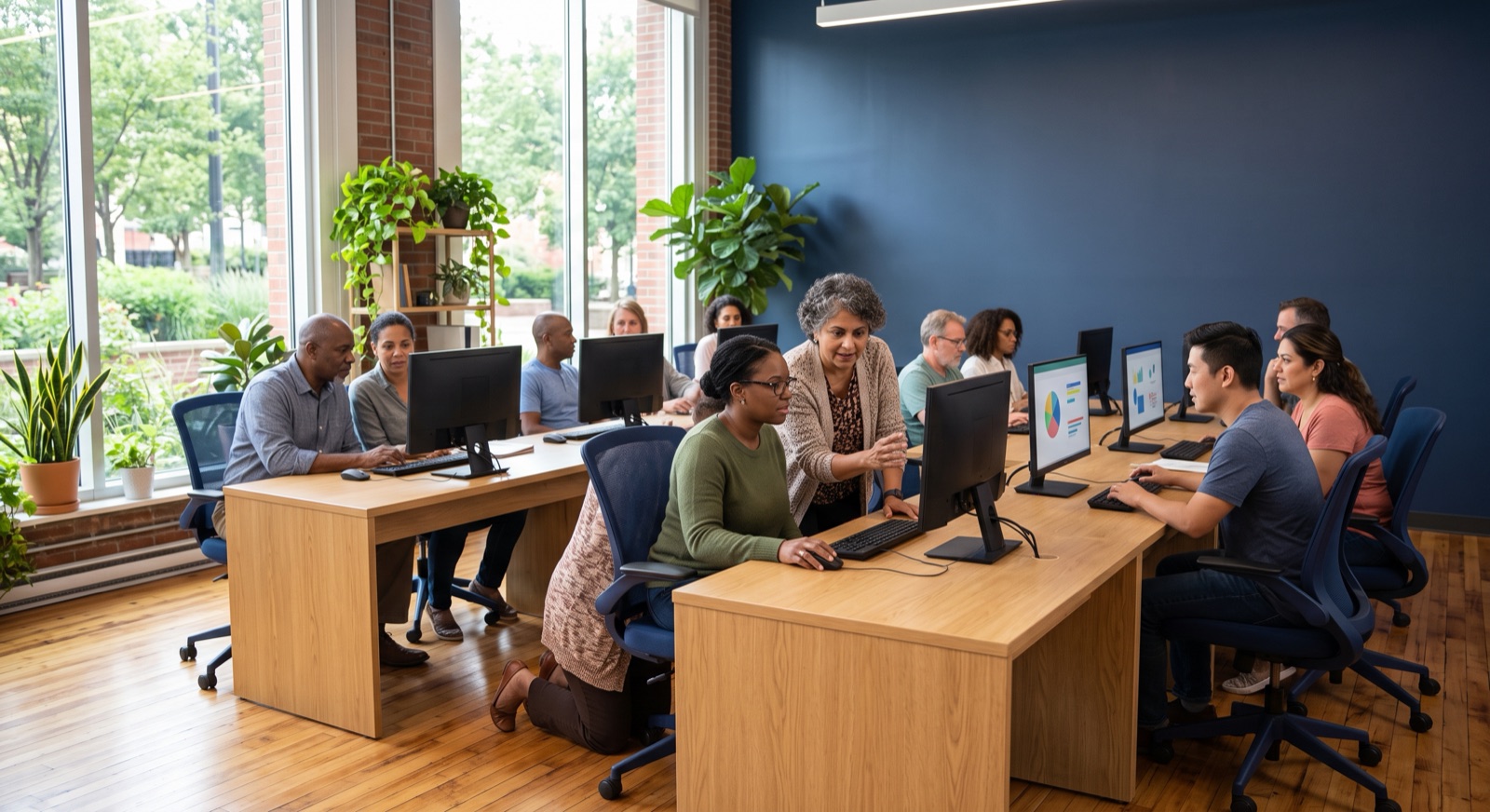 Concept image of an adult computer training room where an instructor helps a learner at a workstation while others work at desks by tall windows.