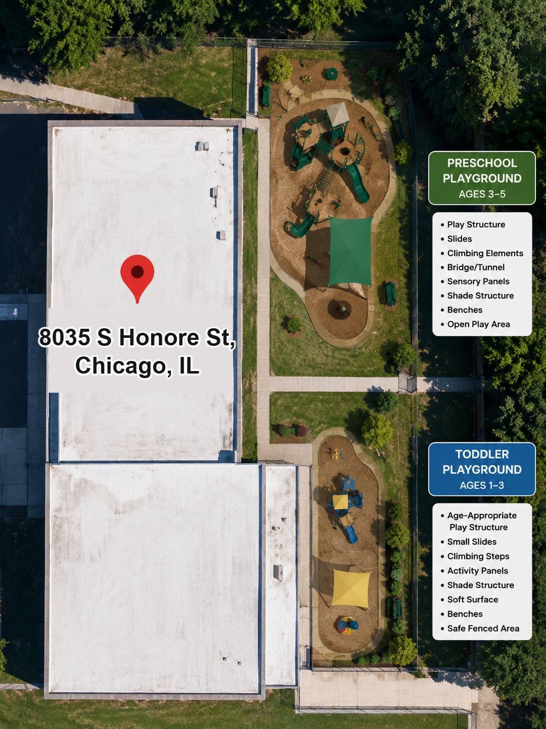 Aerial photograph of the property showing the building and the two proposed playground areas marked for toddlers and preschoolers.
