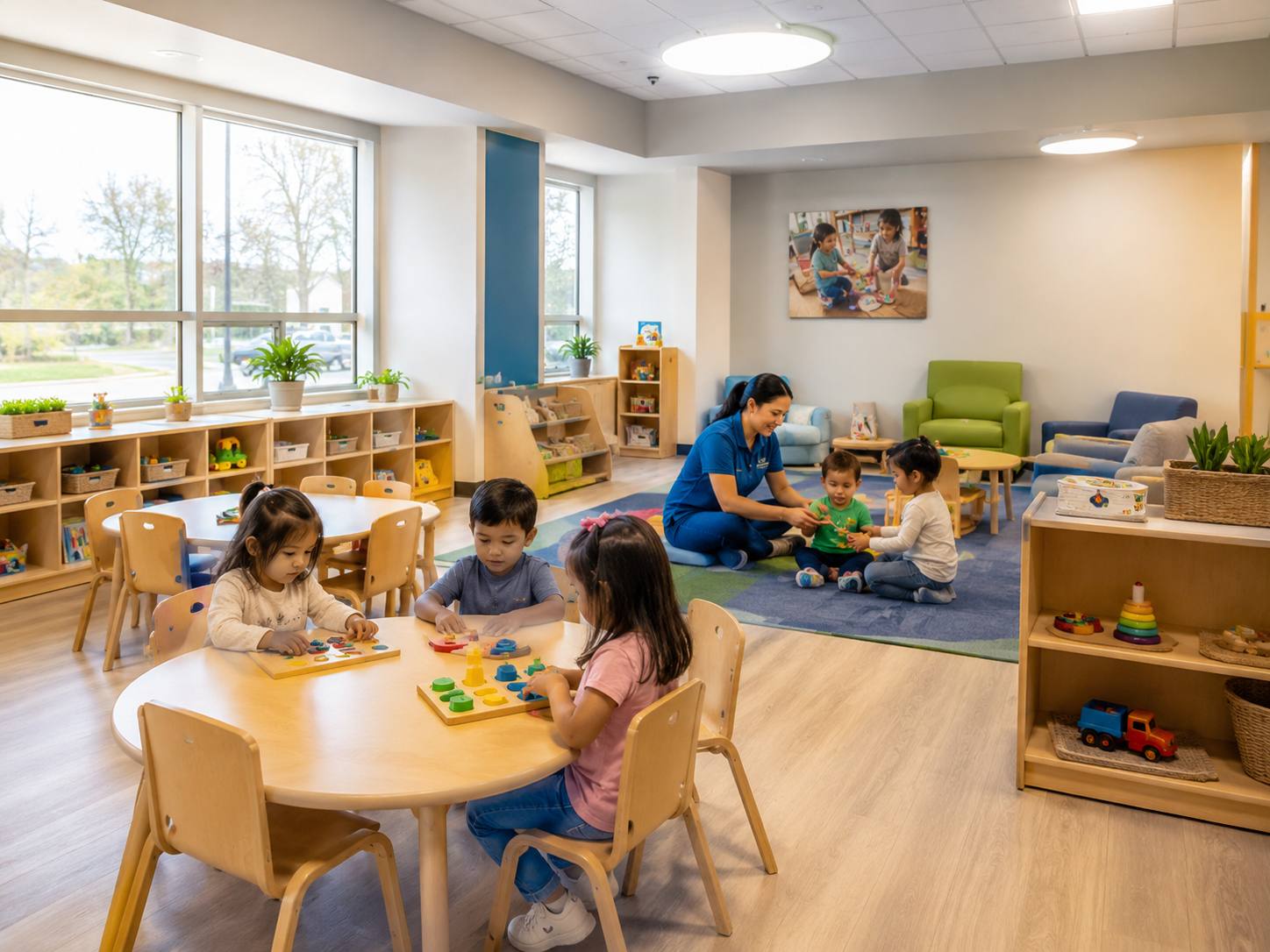 Concept image of a bright early-learning classroom with young children at a low table and a teacher sitting with them on a rug.