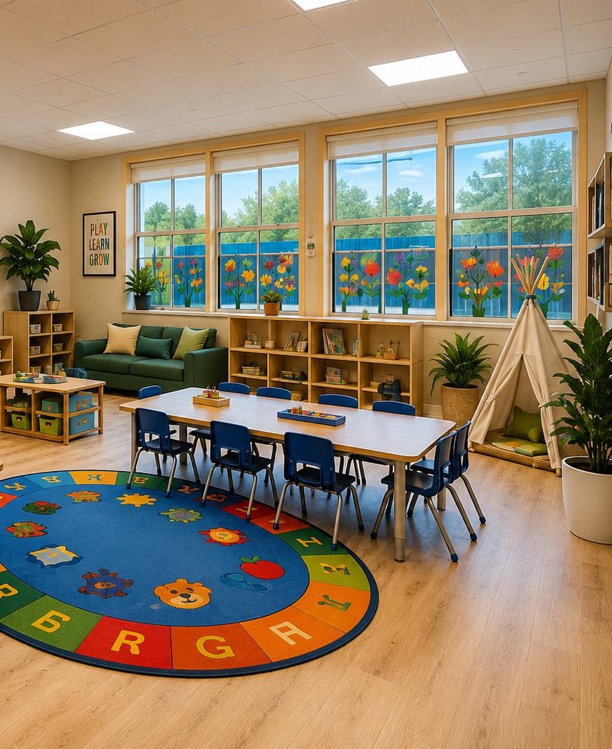 Concept image of an early-learning classroom with tall windows, storage shelving, and a reading nook.