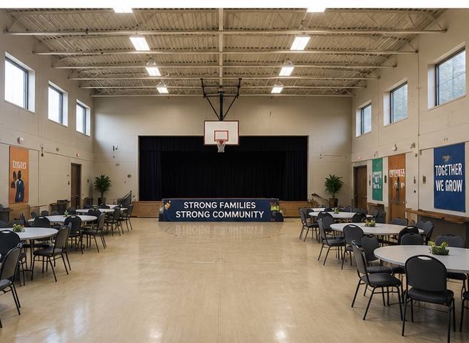 Concept image of an indoor multipurpose community hall with a high ceiling and round tables.