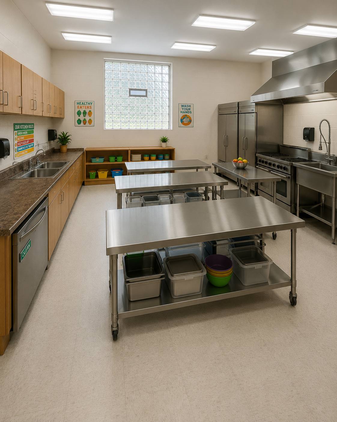 Concept image of a commercial kitchen with stainless steel prep tables and a range.