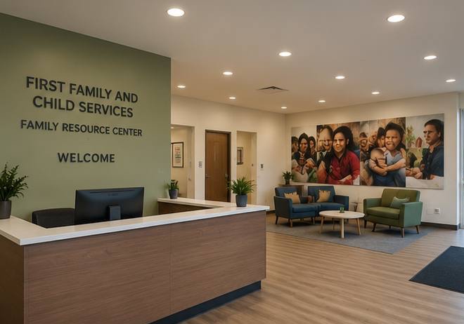 Concept image of a welcoming reception lobby with a front desk and seating area.