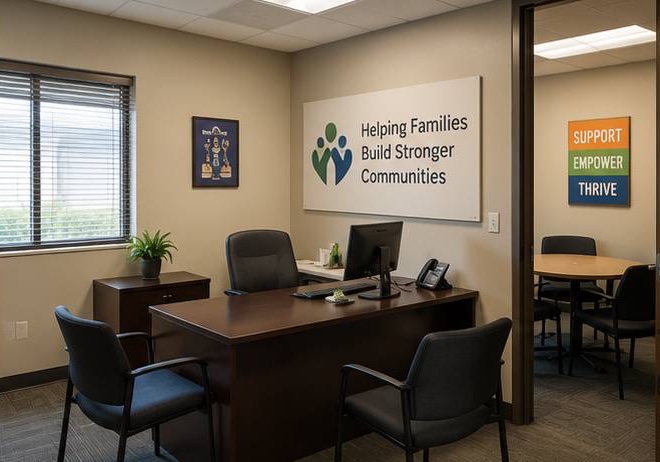 Concept image of a family services office with a desk and meeting chairs.