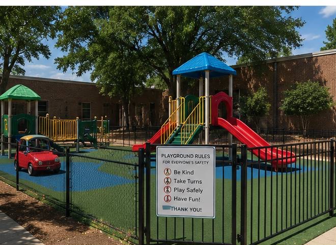 Concept image of a fenced outdoor playground with colorful play structures and a soft safety surface.