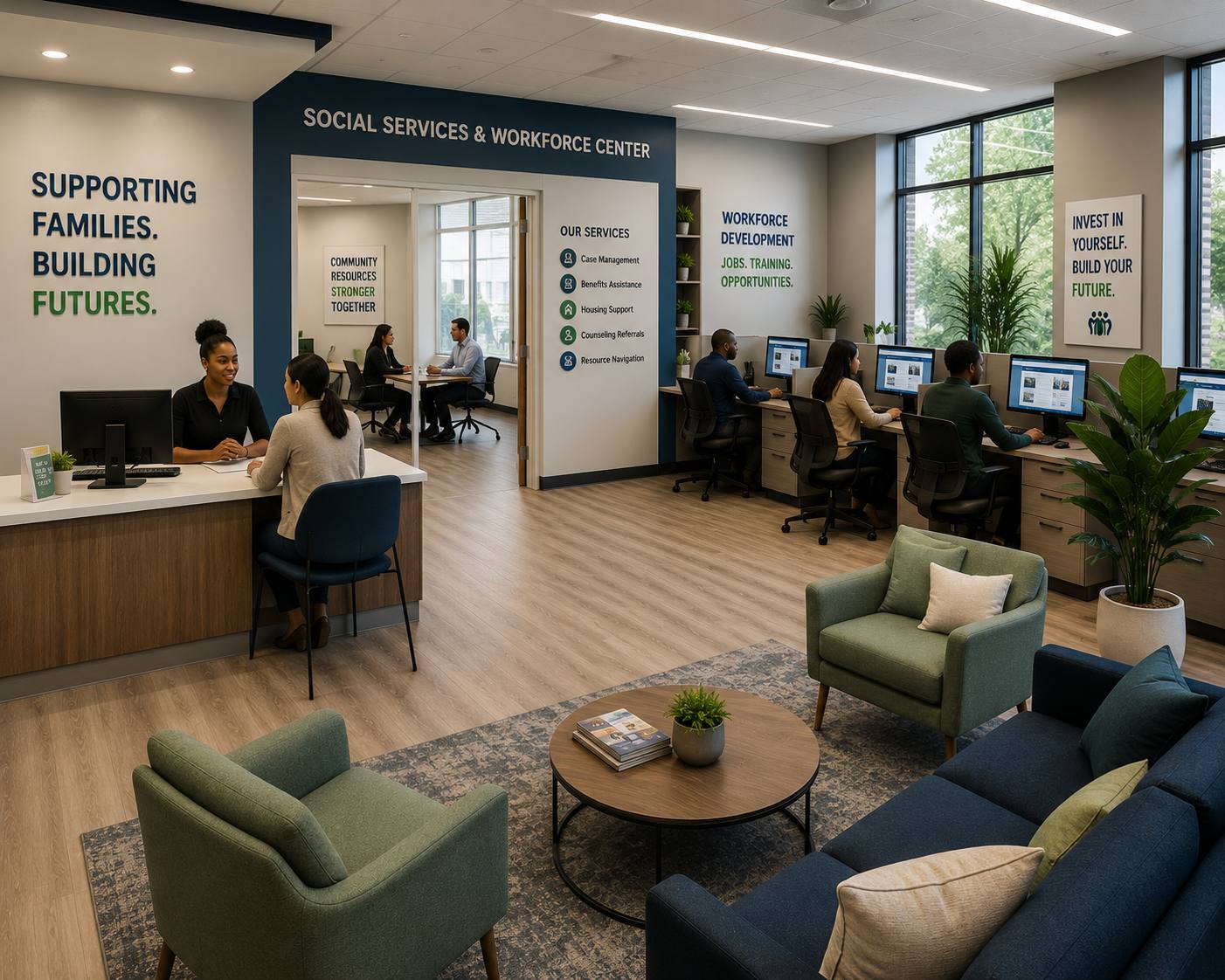 Concept image of a community resource area with a reception counter and computer stations.