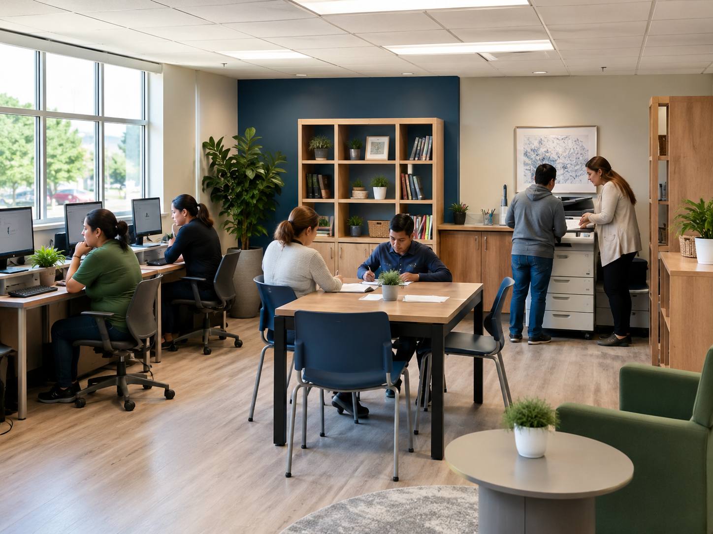 Concept image of an adult resource room with computer workstations along a wall and a central table for group work.
